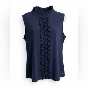 Tommy Hilfiger Navy Sleeveless Ruffle Front Blouse Stretch Top/size L